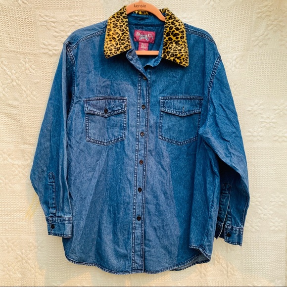 Vintage Denim Coat Leopard Print Fur Neck Lining - Picture 1 of 8